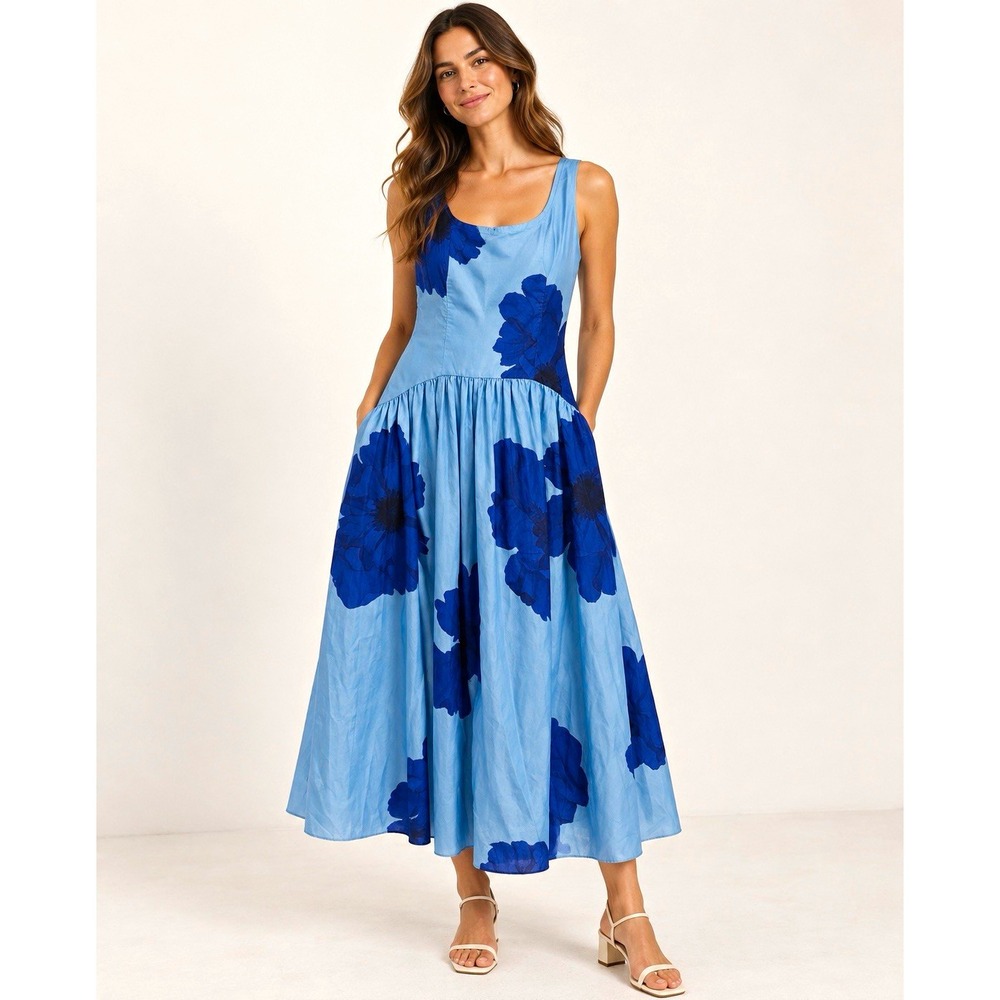 Hutch aThe RidgeBlue Floral Sleeveless Scoop Midi Dress Size 10 small flaw
